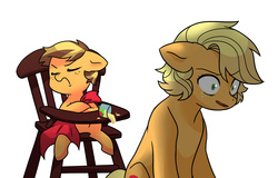 Size: 2500x1600 | Tagged: safe, artist:kianamai, applejack, oc, oc:golden delicious, kilalaverse, g4, 2015, alternate hairstyle, applesauce, chair, dishonorapple, foal, hatless, highchair, meme, missing accessory, mommajack, next generation, offspring, older, parent:applejack, parent:caramel, parents:carajack, simple background, thousand yard stare, traumatized, triggered, white background, younger