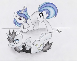 Size: 1024x812 | Tagged: safe, artist:spirit-dude, dj pon-3, neon lights, rising star, vinyl scratch, g4, ass up, bedroom eyes, female, male, on back, scrunchy face, ship:vinylights, shipping, straight, traditional art