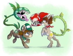 Size: 1280x991 | Tagged: safe, artist:hektious, oc, oc only, oc:8-bit, monster pony, original species, piranha plant pony, augmented tail, butt, cap, fireball, hat, luigi, male, mario, mario's hat, piranha plant, plot, super mario bros., video game