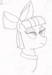 Size: 567x816 | Tagged: safe, artist:barryfrommars, maud pie, earth pony, pony, g4, apple bloom's bow, bow, bust, female, frown, hair bow, lidded eyes, lineart, mare, monochrome, simple background, solo, traditional art, white background