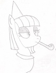 Size: 731x942 | Tagged: safe, artist:barryfrommars, maud pie, g4, female, hat, monochrome, noisemaker, party hat, solo, traditional art