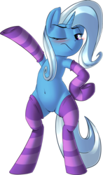 Size: 1127x1923 | Tagged: safe, artist:january3rd, trixie, pony, g4, belly button, bipedal, blushing, clothes, cute, diatrixes, female, one eye closed, simple background, socks, solo, striped socks, transparent background, upright, wink