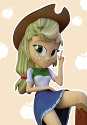 Size: 1338x1920 | Tagged: safe, artist:3d thread, artist:creatorofpony, applejack, equestria girls, g4, 3d, 3d model, belt, blender, boots, button-up shirt, clothes, cowboy hat, denim, denim skirt, female, freckles, hat, ponytail, shirt, sitting, skirt, smiling, smirk, solo, stetson, teenager