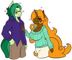 Size: 1341x1103 | Tagged: safe, artist:appelknekten, oc, oc only, oc:appel, oc:lily cureheart, earth pony, unicorn, anthro, appelskylar, blushing, breasts, clothes, female, flirting, glasses, heart, makeup, male, mare, necklace, stallion, sweater