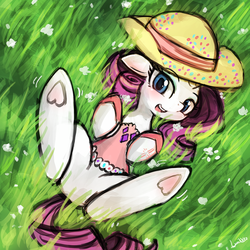 Size: 750x750 | Tagged: safe, artist:lumineko, rarity, pony, unicorn, g4, 30 minute art challenge, blushing, clothes, featureless crotch, female, hat, hooves up, looking at you, mare, on back, open mouth, shirt, solo, underhoof