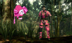 Size: 500x300 | Tagged: safe, pinkie pie, equestria girls, g4, 3ds, big boss, camouflage, konami, metal gear, metal gear solid, metal gear solid 3, naked snake, nintendo, snake eater, snake eater 3d