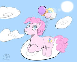 Size: 840x680 | Tagged: safe, artist:an-honest-appul, pinkie pie, earth pony, pony, g4, balloon, cloud, female, floating, grin, lens flare, smiling, solo, sun, then watch her balloons lift her up to the sky