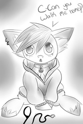 Size: 512x768 | Tagged: safe, artist:rednorth, oc, oc only, oc:red-north, pony, begging, big ears, clothes, collar, crying, cute, dialogue, female, lost, mare, monochrome, pet, scared, sitting, solo, sweater, tiny