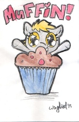 Size: 555x856 | Tagged: safe, artist:wingbeatpony, derpy hooves, pegasus, pony, g4, female, giant muffin, mare, muffin, one word, solo, that pony sure does love muffins, traditional art, watercolor painting