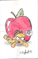 Size: 566x861 | Tagged: safe, artist:wingbeatpony, applejack, g4, apple, crushing, crying, female, giant apple, solo, traditional art, watercolor painting