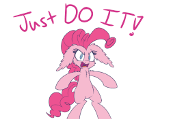 Size: 750x525 | Tagged: safe, artist:heir-of-rick, pinkie pie, earth pony, pony, g4, animated, big ears, bipedal, chest fluff, dialogue, ear fluff, female, floppy ears, frown, impossibly large ears, just do it, looking at you, mare, multeity, open mouth, shia labeouf, simple background, too much pink energy is dangerous, white background