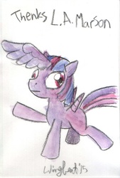 Size: 564x834 | Tagged: safe, artist:wingbeatpony, twilight sparkle, alicorn, pony, g4, alicorn overdose, derp, female, horn, mare, meme, multiple horns, reverse alicorn, solo, spoonerism, thanks m.a. larson, this isn't even my final form, traditional art, twilight sparkle (alicorn), wat, watercolor painting, what has magic done, what has science done, why