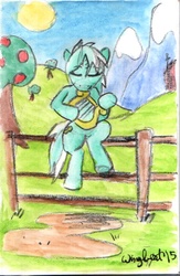 Size: 560x859 | Tagged: safe, artist:wingbeatpony, lyra heartstrings, g4, eyes closed, female, hoof hold, lyre, scenery, sitting, smiling, solo, sweet apple acres, traditional art, watercolor painting
