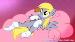 Size: 1280x720 | Tagged: safe, artist:jan, edit, derpy hooves, pegasus, pony, g4, balancing, clothes, cloud, cute, derpabetes, eyes on the prize, female, mare, muffin, nose wrinkle, on back, ponies balancing stuff on their nose, smiling, socks, solo, spread wings, wings