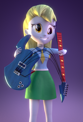 Size: 864x1280 | Tagged: safe, artist:creatorofpony, artist:pika-robo, derpy hooves, rainbow dash, equestria girls, g4, 3d, 3d model, blender, broken, clothes, electric guitar, female, grin, guitar, i just don't know what went wrong, musical instrument, necktie, oops, shirt, skirt, smiling, solo, this will end in tears, worried