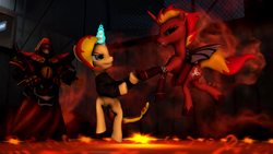 Size: 2560x1440 | Tagged: safe, artist:theinvertedshadow, sunset shimmer, demon pony, pony, equestria girls, g4, 3d, brutal legend, crossover, demon form, dota 2, equestria girls ponified, ponified, source filmmaker, summoning, sunset satan, tainted coil, warlock