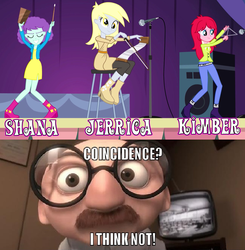 Size: 800x815 | Tagged: safe, blueberry pie, derpy hooves, raspberry fluff, equestria girls, g4, my little pony equestria girls: rainbow rocks, background human, bernie kropp, coincidence, coincidence i think not, cowbell, jem, jem and the holograms, meme, musical instrument, musical saw, saw, the incredibles, the muffins, triangle