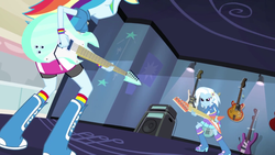Size: 1920x1080 | Tagged: safe, screencap, rainbow dash, trixie, equestria girls, g4, guitar centered, my little pony equestria girls: rainbow rocks, electric guitar, female, flying v, guitar, musical instrument