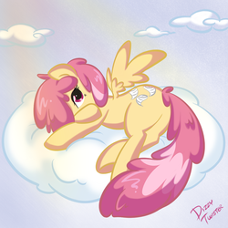 Size: 1170x1170 | Tagged: safe, artist:bamboodog, dizzy twister, orange swirl, pegasus, pony, g4, butt, cloud, cloudy, featured image, female, hair over one eye, looking at you, mare, on side, plot, sexy, solo