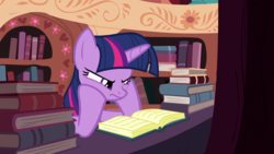 Size: 1920x1080 | Tagged: safe, screencap, twilight sparkle, alicorn, pony, castle mane-ia, g4, book, bookshelf, female, frown, mare, reaction image, reading, solo, twilight sparkle (alicorn)