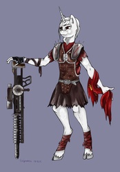 Size: 2204x3171 | Tagged: safe, artist:galgannet, oc, classical unicorn, unicorn, anthro, unguligrade anthro, armor, caesar's legion, cloven hooves, crossover, fallout, fallout: new vegas, gauss rifle, gun, high res, horn, leonine tail, weapon