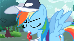 Size: 960x540 | Tagged: safe, screencap, rainbow dash, g4, may the best pet win, baseball cap, blowing, coach, coach rainbow dash, eyes closed, female, hat, rainbow dashs coaching whistle, solo, teeth, whistle, whistle fetish, whistle necklace