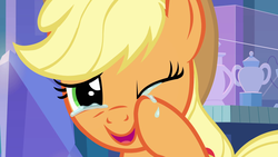 Size: 1920x1080 | Tagged: safe, screencap, applejack, earth pony, pony, g4, close-up, crying, crying on the outside, female, happy, laughing, reaction image, solo, tears of laughter
