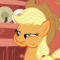 Size: 300x300 | Tagged: safe, screencap, applejack, earth pony, pony, look before you sleep, animated, applejack's hat, chewing, cowboy hat, eating, female, freckles, gif, hat, mare, puffy cheeks, reaction image, solo, stetson