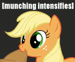 Size: 390x324 | Tagged: safe, artist:mixermike622, edit, applejack, earth pony, pony, g4, animated, applejack's hat, cowboy hat, female, hat, image macro, meme, munching, reaction image, silly, silly pony, solo, text, x intensifies