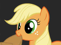 Size: 398x292 | Tagged: safe, artist:mixermike622, applejack, earth pony, pony, g4, :t, animated, applejack's hat, chewing, cowboy hat, cute, eating, female, gray background, hat, jackabetes, mare, mouth hold, munching, nom, reaction image, silly, silly pony, simple background, smiling, solo, who's a silly pony