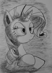 Size: 900x1260 | Tagged: safe, artist:inkygarden, rarity, g4, charcoal (medium), female, grayscale, monochrome, sketch, solo, traditional art, unamused