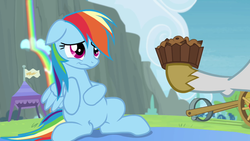 Size: 800x450 | Tagged: safe, screencap, rainbow dash, pegasus, pony, g4, my little pony: friendship is magic, rainbow falls, apple brown betty (food), belly, bellyrubs, food