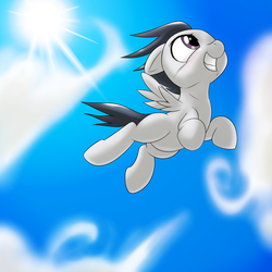 Size: 1000x1000 | Tagged: safe, artist:ushiro no kukan, rumble, pegasus, g4, colt, flying, foal, male, sky, solo, sun