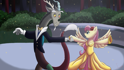 Size: 1920x1080 | Tagged: safe, artist:skybluearts, discord, fluttershy, pony, fanfic:bride of discord, g4, beauty and the beast, bipedal, clothes, dancing, disney, dress, fanfic art, female, flower in hair, male, ship:discoshy, shipping, spread wings, straight, suit