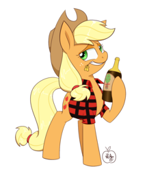 Size: 1102x1279 | Tagged: safe, artist:notenoughapples, applejack, g4, bottle, cider, clothes, female, grin, plaid shirt, shirt, simple background, solo, straw, transparent background
