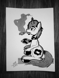 Size: 966x1288 | Tagged: safe, artist:pencilhooves, oc, oc only, oc:fiftie pencilhooves, pony, unicorn, cigarette, clothes, grayscale, levitation, male, monochrome, scarf, simple background, sitting, smoking, solo, stallion, traditional art