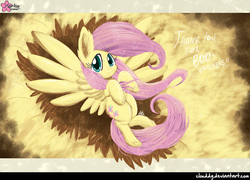 Size: 1000x719 | Tagged: safe, artist:clouddg, fluttershy, pegasus, pony, g4, female, looking at you, on back, smiling, solo, spread wings