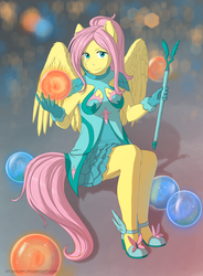 Size: 1641x2226 | Tagged: safe, artist:jay-kuro, fluttershy, anthro, g4, clothes, crossover, dress, female, high heels, mystic, sitting, solo, staff, tera, tera online