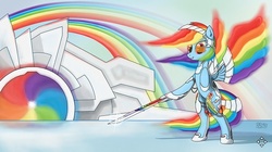 Size: 600x337 | Tagged: safe, artist:phenya, artist:phoenixb159, rainbow dash, g4, female, future, solo, sword, visor