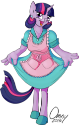 Size: 800x1254 | Tagged: safe, artist:omny87, twilight sparkle, unicorn, anthro, unguligrade anthro, apron, clothes, curtsey, dress, female, housewife, open mouth, signature, simple background, smiling, solo, stepford wife, transparent background, unicorn twilight