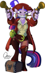 Size: 600x968 | Tagged: safe, artist:omny87, twilight sparkle, anthro, unguligrade anthro, g4, female, gun, knife, mouth hold, pirate, pistol, solo, treasure chest, weapon