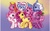 Size: 2560x1600 | Tagged: safe, desert rose, rarity (g3), royal bouquet, silver glow, tulip twinkle, wysteria, earth pony, pegasus, pony, unicorn, g3, official, logo, my little pony, my little pony logo
