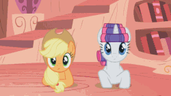 Size: 536x302 | Tagged: safe, edit, edited screencap, screencap, applejack, cheerilee (g3), pinkie pie (g3), rarity, earth pony, pony, unicorn, cheerilee's pajama party, g3, g4, look before you sleep, meet the ponies, season 1, animated, cute, duo, duo female, female, golden oaks library, hat, mare, slumber party, smiling