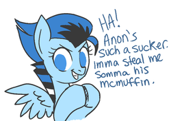 Size: 697x491 | Tagged: safe, artist:fiona, oc, oc only, bird pone, blue jay, dialogue, evil, grin, solo