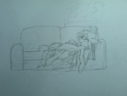 Size: 1600x1200 | Tagged: safe, artist:phenya, artist:phoenixb159, oc, oc only, oc:soft cloud, pegasus, pony, couch, female, mare, monochrome, sleeping, solo, traditional art