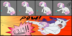 Size: 1200x600 | Tagged: safe, artist:backlash91, rarity, sweetie belle, g4, 2319, monsters inc., open mouth, overprotective, spool, tackle, thread, wat