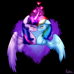 Size: 1280x1280 | Tagged: safe, artist:saphi-boo, rainbow dash, twilight sparkle, alicorn, pony, g4, blushing, boop, cuddling, female, heart, lesbian, magic, mare, ship:twidash, shipping, snuggling, twilight sparkle (alicorn), wings