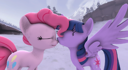 Size: 1036x571 | Tagged: safe, pinkie pie, twilight sparkle, alicorn, pony, g4, 3d, female, kissing, lesbian, mare, nose kiss, ship:twinkie, shipping, source filmmaker, twilight sparkle (alicorn)