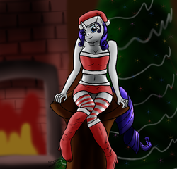 Size: 1330x1278 | Tagged: safe, artist:jomblluc, rarity, anthro, g4, bandeau, belly button, boots, breasts, christmas, christmas tree, cleavage, clothes, female, fireplace, hat, high heel boots, looking at you, midriff, panties, santa hat, shoes, sitting, skirt, smiling, socks, solo, stockings, thigh boots, thigh highs, tree, underwear, upskirt, white underwear