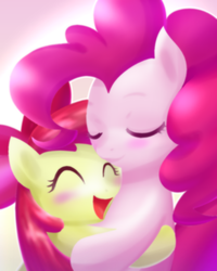 Size: 640x800 | Tagged: safe, artist:jurisalis, apple bloom, pinkie pie, earth pony, pony, g4, apple bloom's bow, blushing, bow, cute, duo, eyes closed, female, filly, hair bow, hug, mare, open mouth, smiling